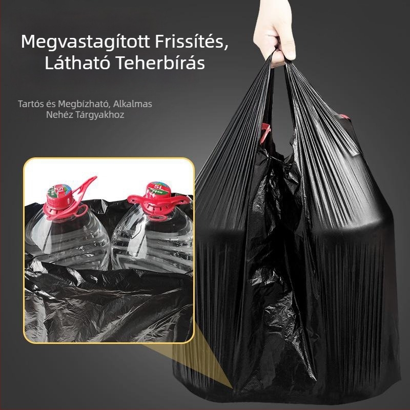 Vastagított fekete szemeteszsákok kézi hordozóval, nagy méretű, háztartási, kollégiumi és konyhai használatra