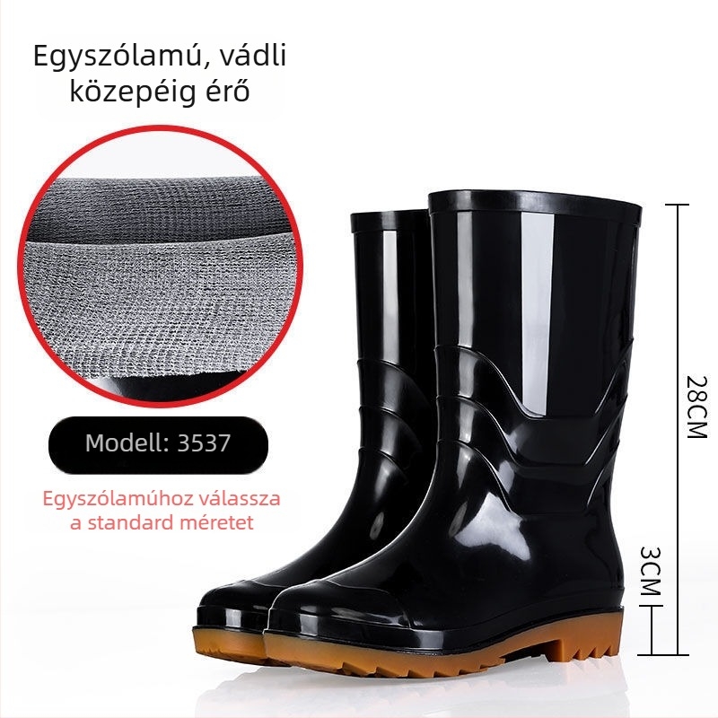 Uniszex vízálló esőcsizma magas szárú, gumírozott és csúszásmentes talppal, munka- és autómosási használatra.