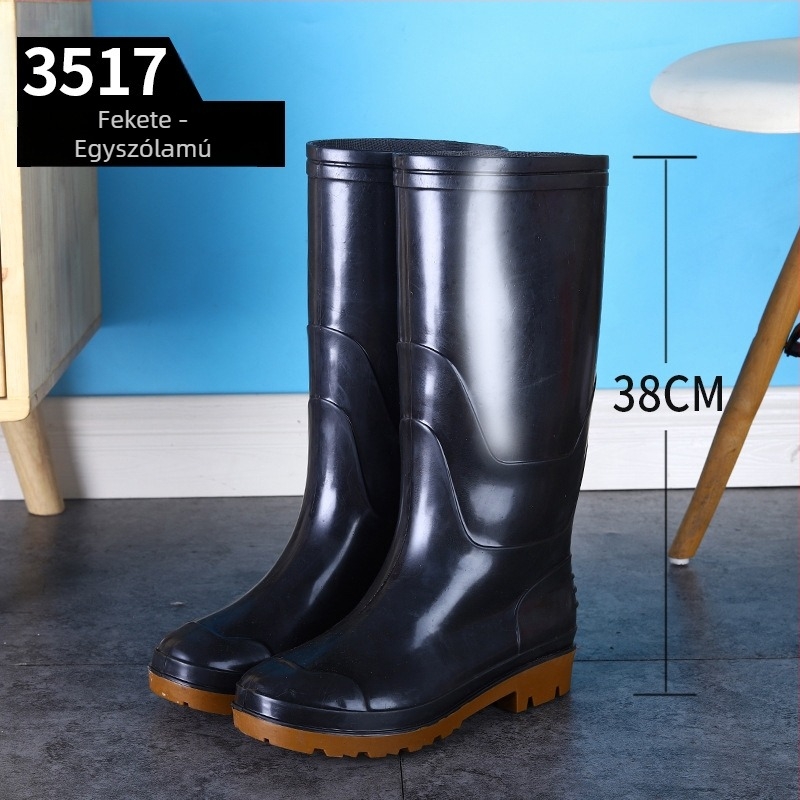 Uniszex vízálló esőcsizma magas szárú, gumírozott és csúszásmentes talppal, munka- és autómosási használatra.
