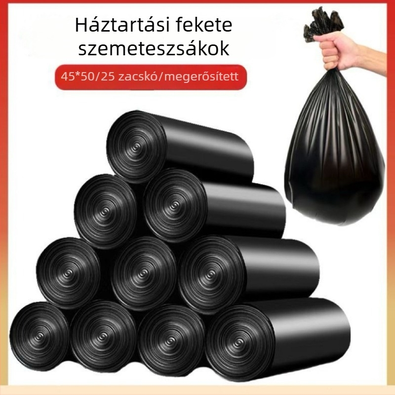 Vastagított rolós szemeteszsák sík szájjal, kis méret, háztartási és irodai használatra, konyhába és fürdőszobába, fekete.