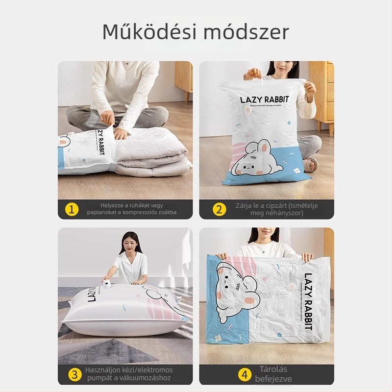 Raktáron lévő vákuumos tömörítő tasakok utazási ruhákhoz és paplanokhoz, pumpával, rajzfilm mintával