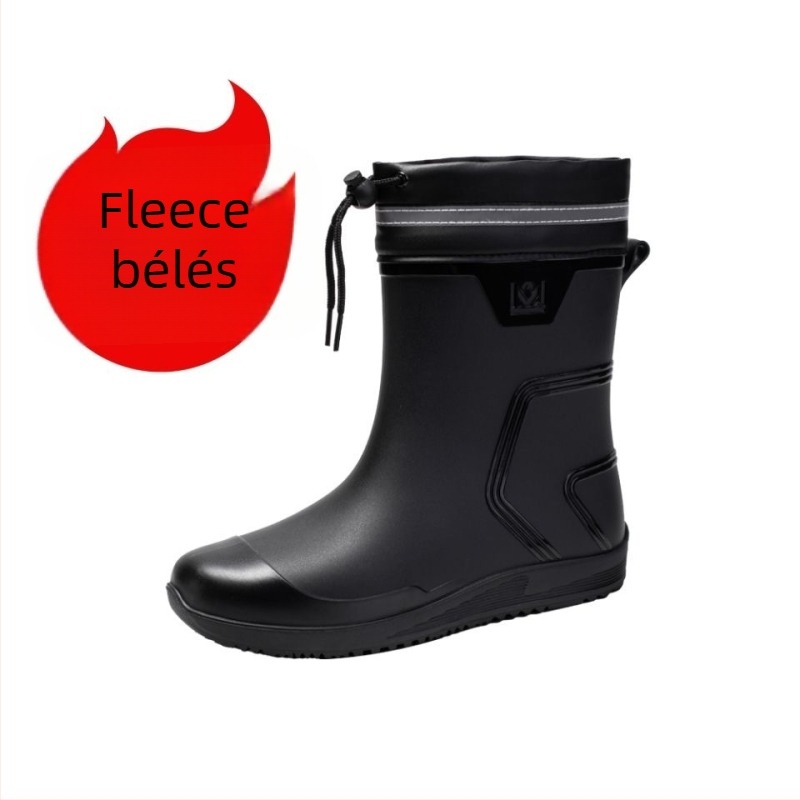 Férfi középmagas esőcsizma húzózsinórral, vízálló PVC gumicsizma, fleece béléses meleg