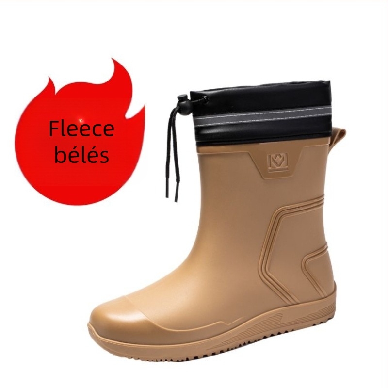 Férfi középmagas esőcsizma húzózsinórral, vízálló PVC gumicsizma, fleece béléses meleg