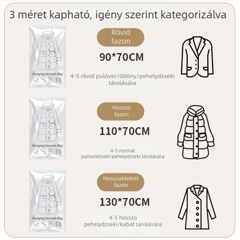 Pehelykabát vákuum tároló zacskó, összenyomó kialakítással és akasztóval; masszív ruházati és paplan szervező