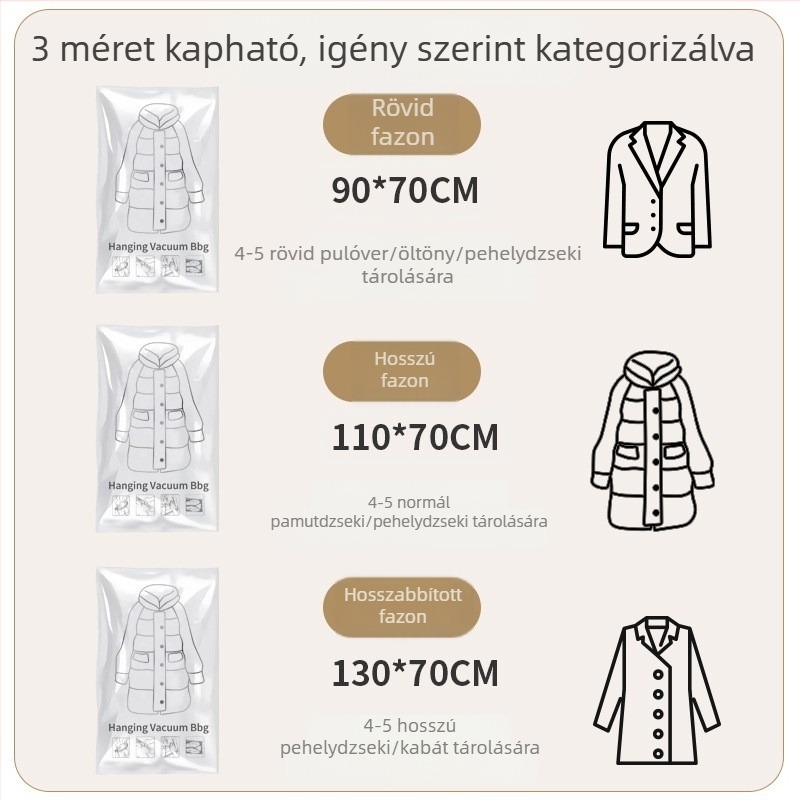 Pehelykabát vákuum tároló zacskó, összenyomó kialakítással és akasztóval; masszív ruházati és paplan szervező