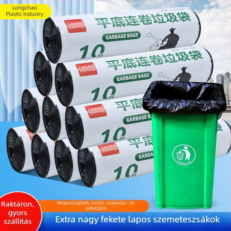 Fekete, vastagított egyszer használatos szemeteszsák tekercsben, lapos nyílással, nagy méret.