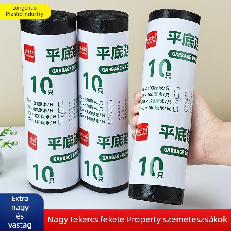 Fekete, vastagított egyszer használatos szemeteszsák tekercsben, lapos nyílással, nagy méret.