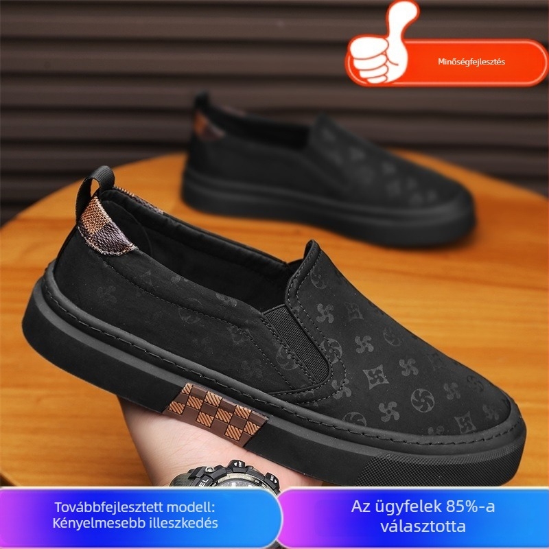 Férfi fekete vászon slip-on mindennapi cipők, őszi 2024, lágy talp