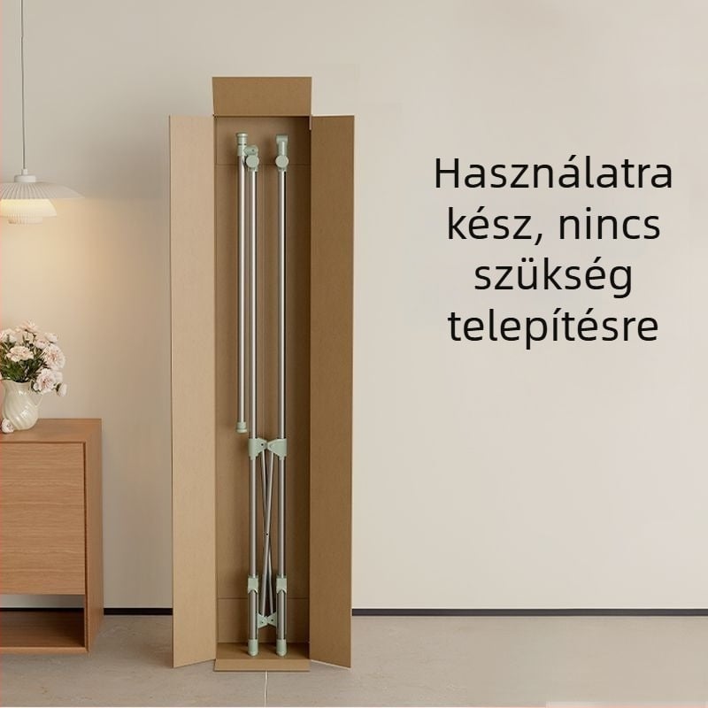 Összecsukható, rozsdamentes acélból készült ruhaszárító állvány beltéri használatra, padlón álló, erkélyre és hálószobába, teleszkópos konstrukció.