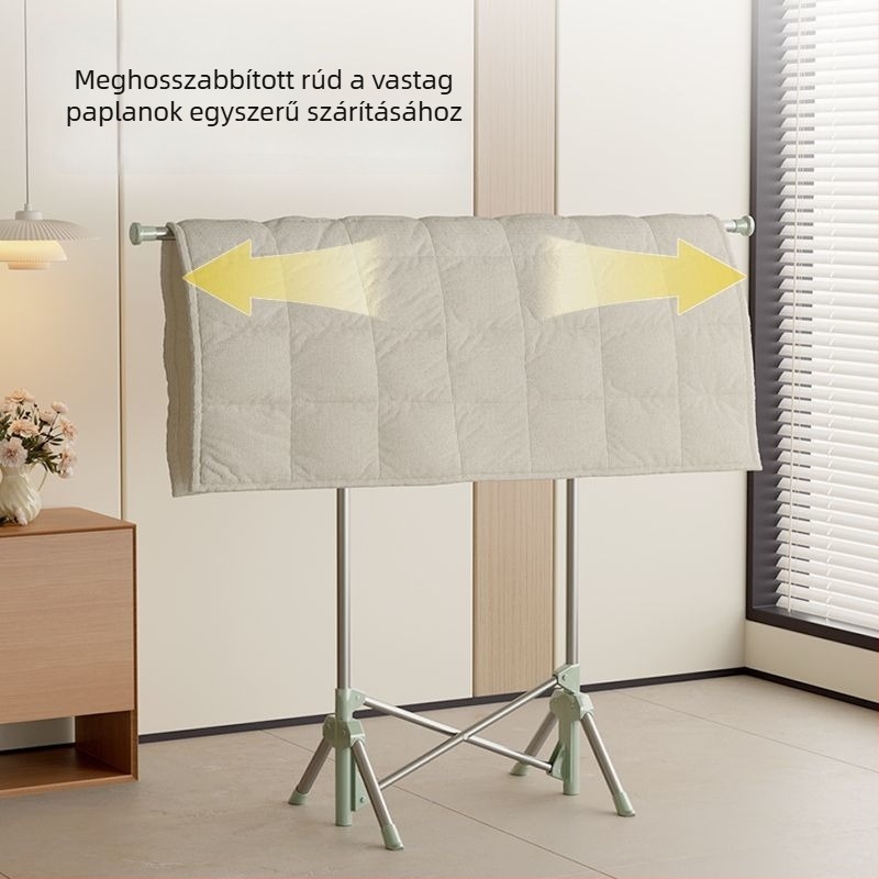 Összecsukható, rozsdamentes acélból készült ruhaszárító állvány beltéri használatra, padlón álló, erkélyre és hálószobába, teleszkópos konstrukció.