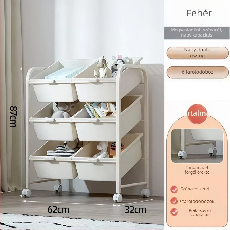 Gyerekjátékok tároló állvány, 3-szintes padlón álló polc, hálószoba és nappali számára, mozgatható