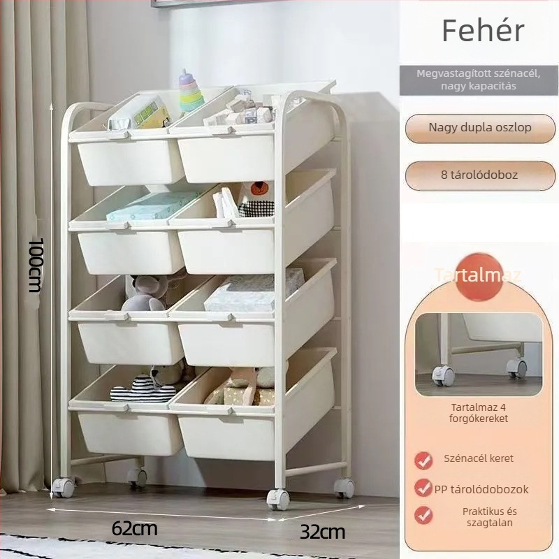 Gyerekjátékok tároló állvány, 3-szintes padlón álló polc, hálószoba és nappali számára, mozgatható