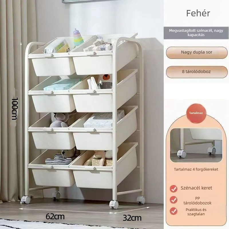 Gyerekjátékok tároló állvány, 3-szintes padlón álló polc, hálószoba és nappali számára, mozgatható