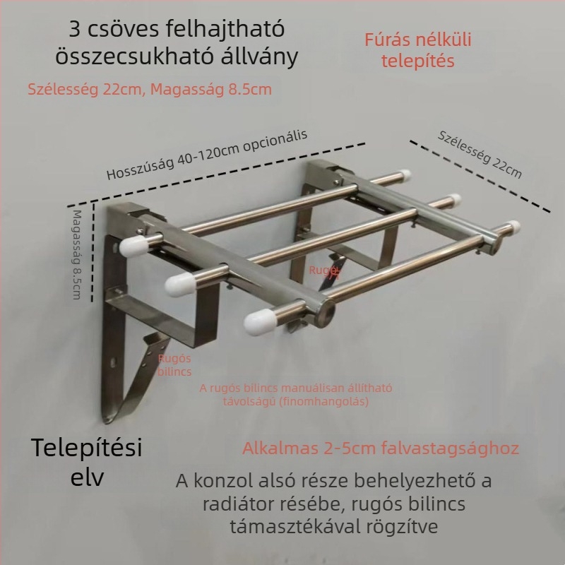 Összecsukható rozsdamentes acél falra szerelhető ruhaszárító radiátorral és törölközőtartóval