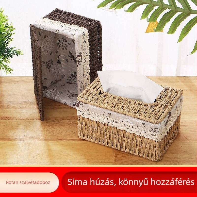 Szalmából készült asztali zsebkendő tartó rattan szövésű mintával, otthonra, hálószobára és nappalira