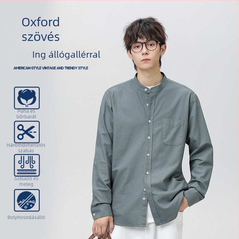 100% pamut, mosott Oxford szövet, férfiing álló gallérral, koreai stílus, hosszú ujjú, 2025-ös modell, Henley gallér