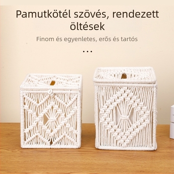 Kézzel készített pamutkötélből készült zsepi-doboz bojtokkal díszítve – asztali tároló