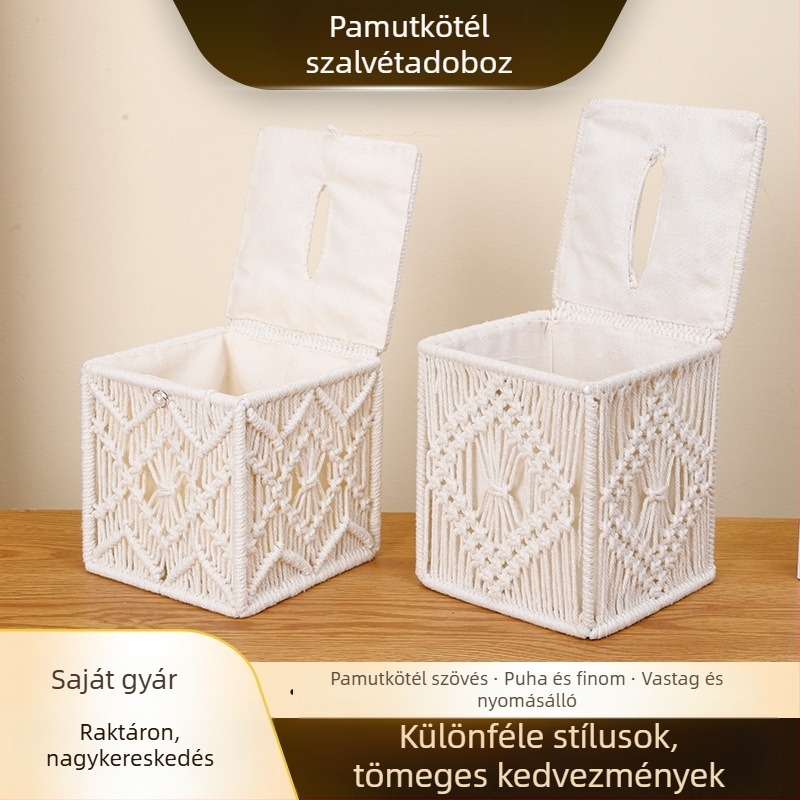 Kézzel készített pamutkötélből készült zsepi-doboz bojtokkal díszítve – asztali tároló