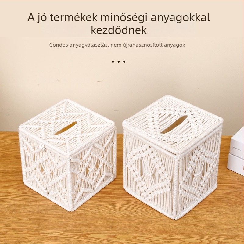 Kézzel készített pamutkötélből készült zsepi-doboz bojtokkal díszítve – asztali tároló