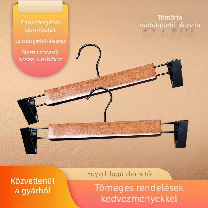 Szilárdfa nadrágakasztó csúszásmentes klipszekkel, állítható, természetes szín és fekete, felnőttek és gyerekek számára