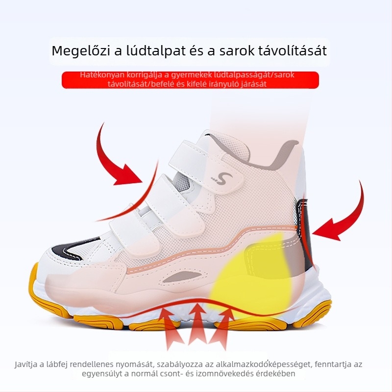 Gyerekeknek tervezett laposlábu cipő valgus-korrigálóval és X-formájú láb járásának korrigálására