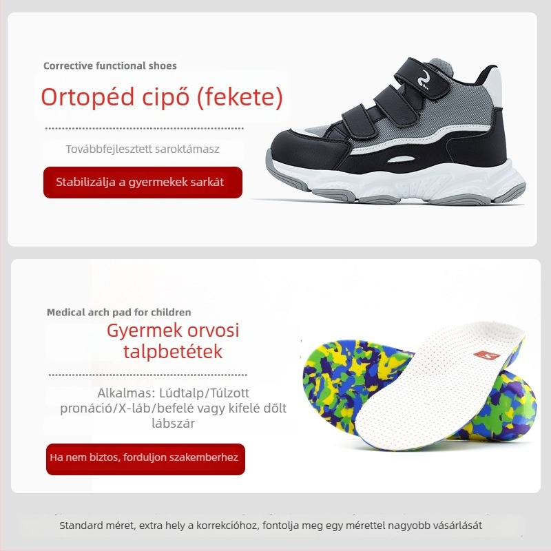 Gyerekeknek tervezett laposlábu cipő valgus-korrigálóval és X-formájú láb járásának korrigálására