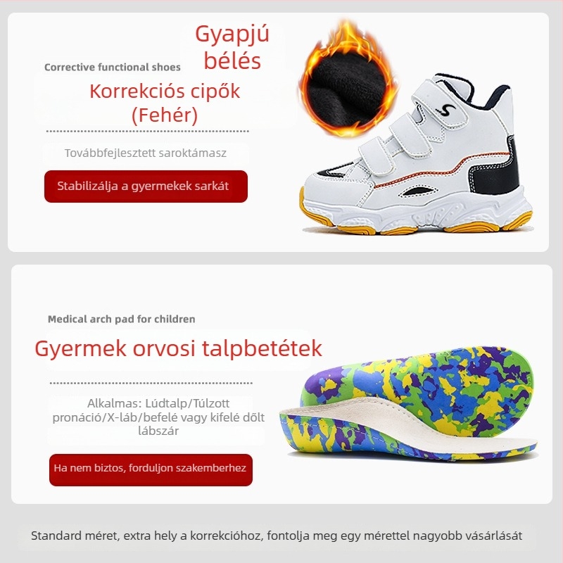 Gyerekeknek tervezett laposlábu cipő valgus-korrigálóval és X-formájú láb járásának korrigálására