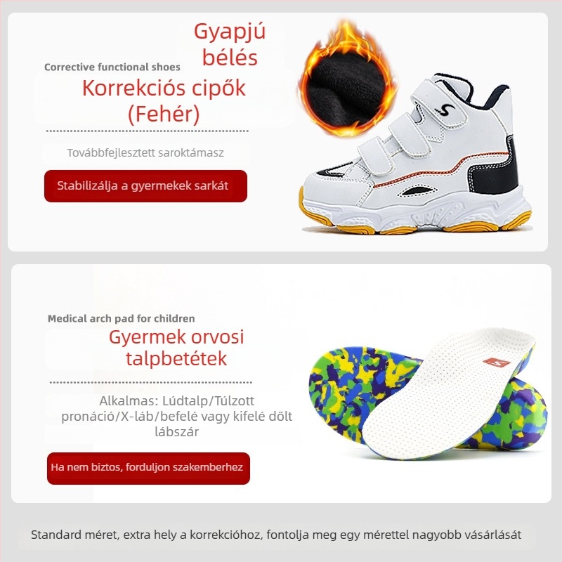 Gyerekeknek tervezett laposlábu cipő valgus-korrigálóval és X-formájú láb járásának korrigálására