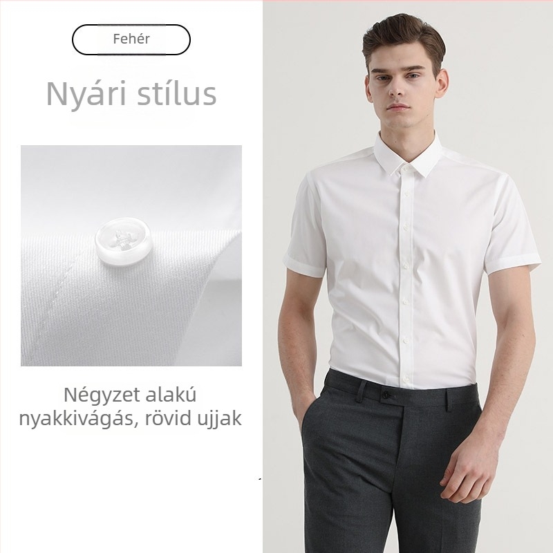 Férfi nyári rövid ujjú fehér ing, vasalásmentes, gyűrődésálló, professzionális üzleti ing logóval hímzett