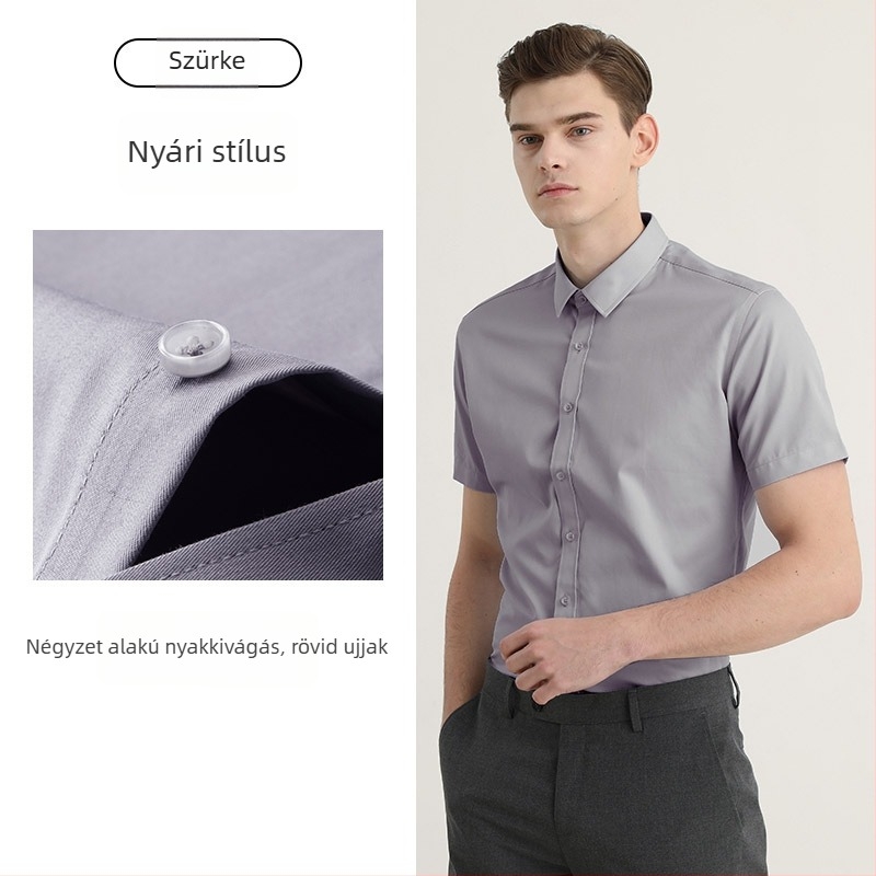 Férfi nyári rövid ujjú fehér ing, vasalásmentes, gyűrődésálló, professzionális üzleti ing logóval hímzett