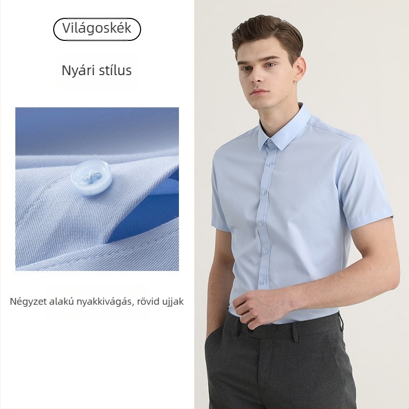 Férfi nyári rövid ujjú fehér ing, vasalásmentes, gyűrődésálló, professzionális üzleti ing logóval hímzett