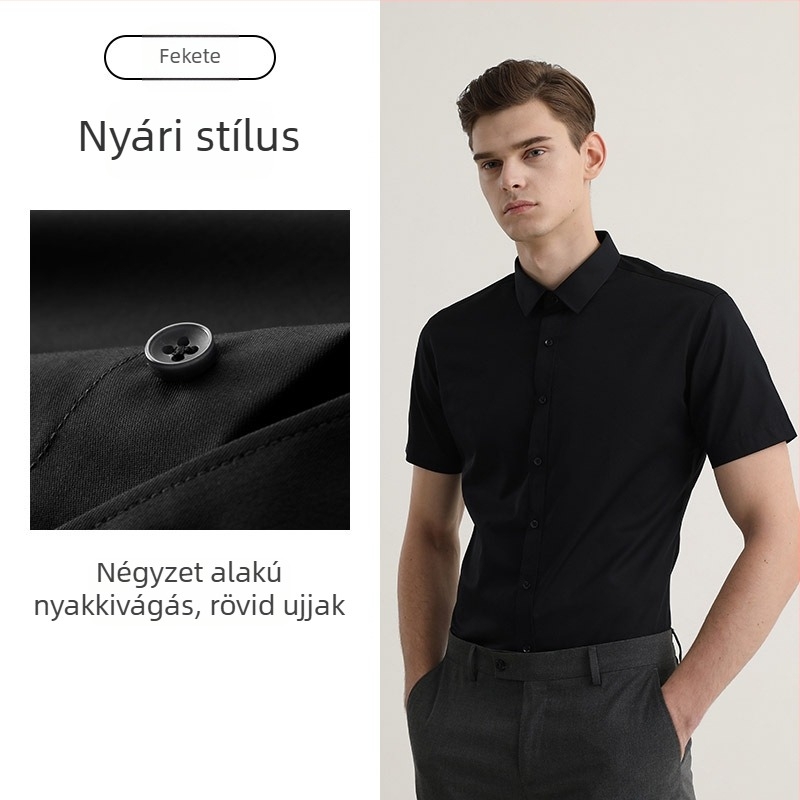 Férfi nyári rövid ujjú fehér ing, vasalásmentes, gyűrődésálló, professzionális üzleti ing logóval hímzett