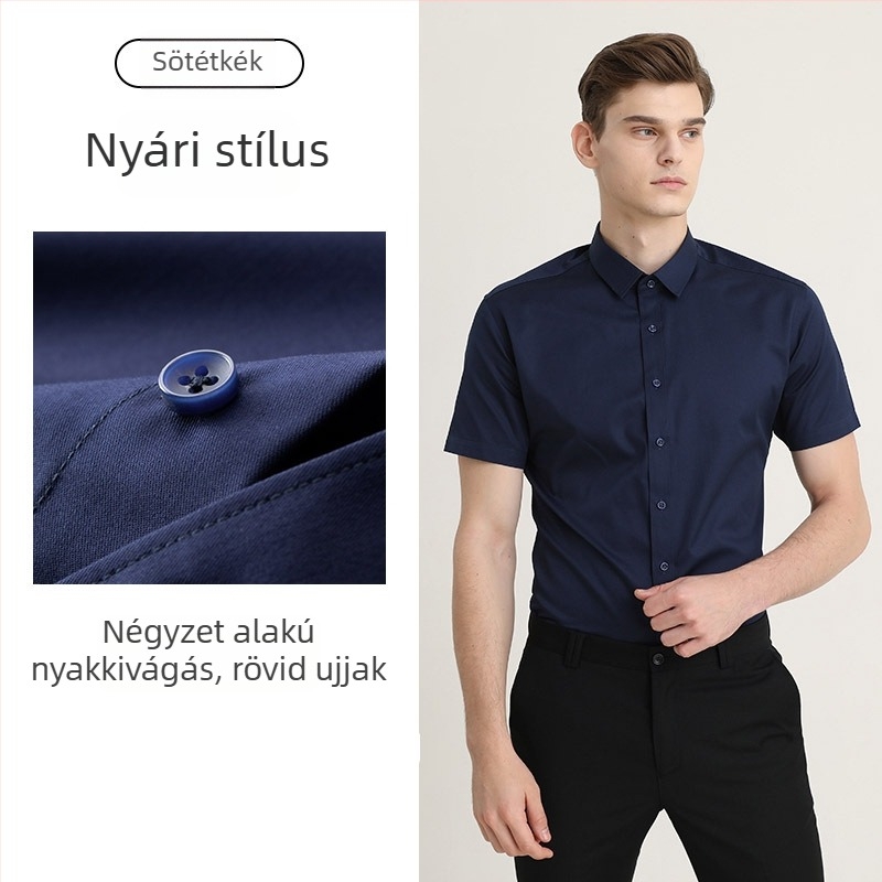 Férfi nyári rövid ujjú fehér ing, vasalásmentes, gyűrődésálló, professzionális üzleti ing logóval hímzett
