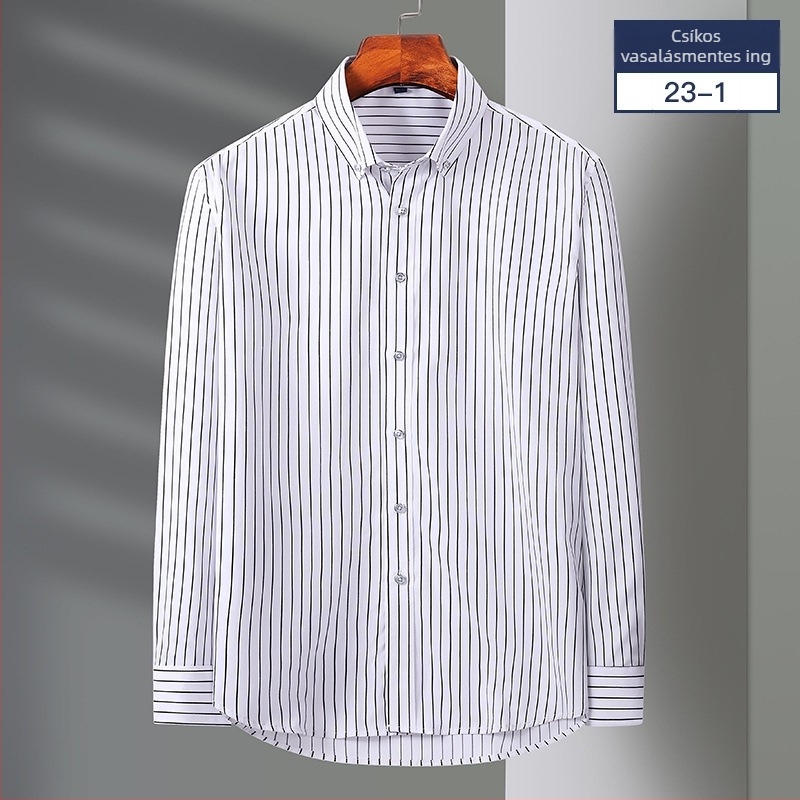 Tavasz-őszi hosszú ujjú üzleti-casual ing függőleges csíkokkal, elasztikus, vasalásmentes, trendi slim-fit férfiaknak