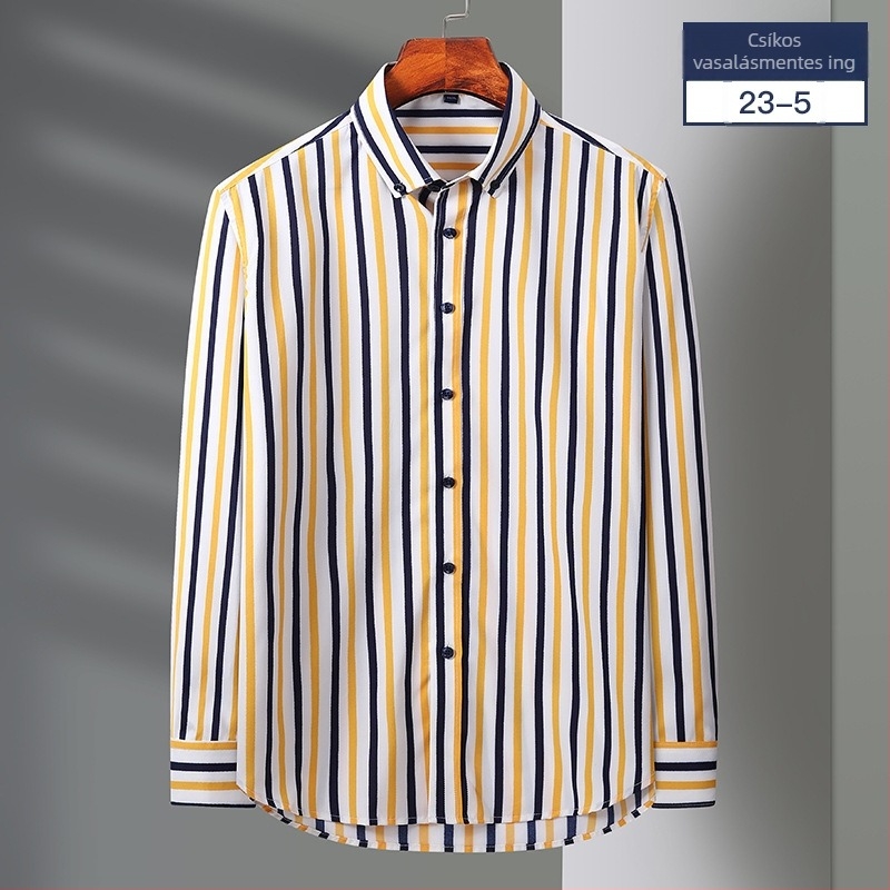 Tavasz-őszi hosszú ujjú üzleti-casual ing függőleges csíkokkal, elasztikus, vasalásmentes, trendi slim-fit férfiaknak