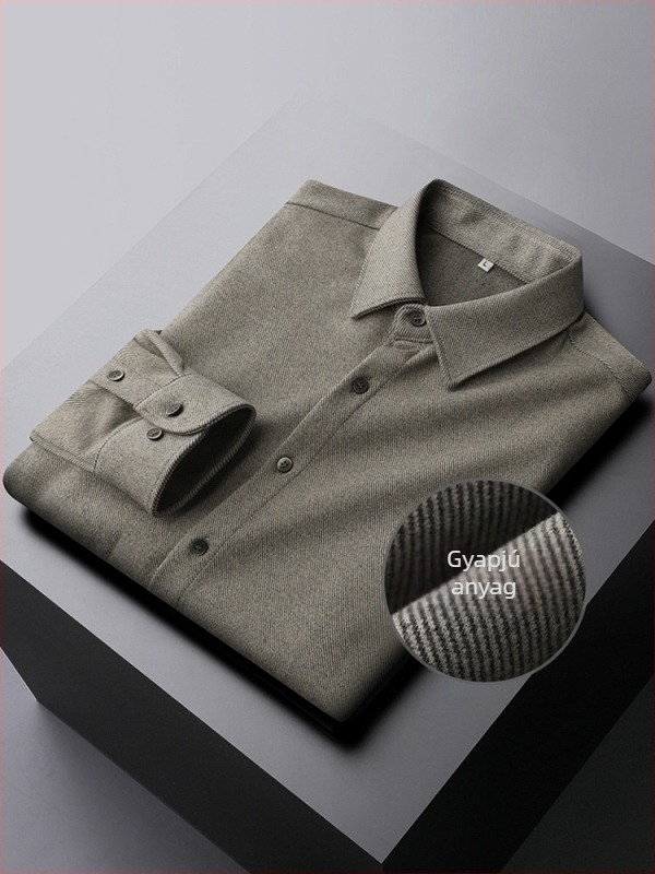 Férfi hosszú ujjú vastagított ing-jacka, slim-fit, őszi 2025, egyszínű, hegyes gallér, poliészter