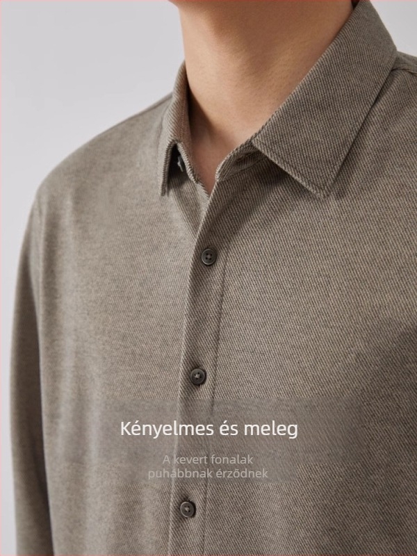 Férfi hosszú ujjú vastagított ing-jacka, slim-fit, őszi 2025, egyszínű, hegyes gallér, poliészter