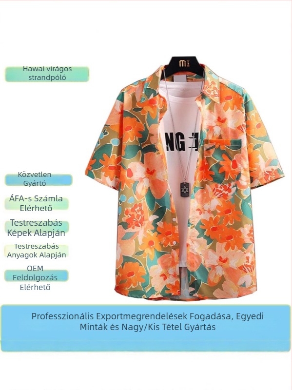 Személyre szabott férfi rövid ujjú hawaii virágmintás ing – laza szabás, thai vintage rayon anyagból