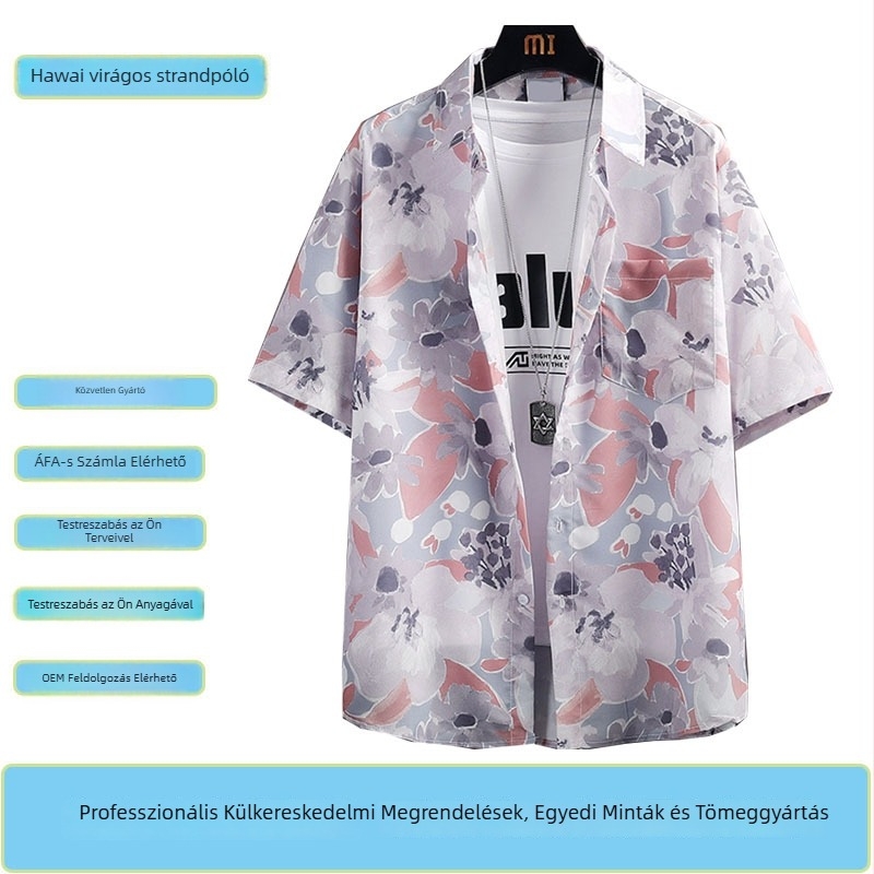 Személyre szabott férfi rövid ujjú hawaii virágmintás ing – laza szabás, thai vintage rayon anyagból