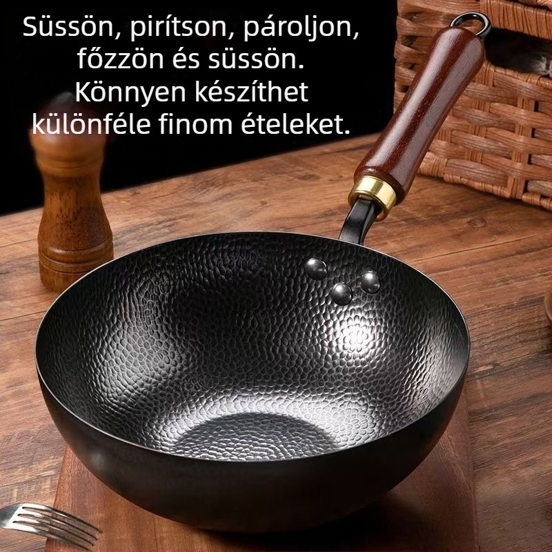 Kézzel kovácsolt vasból készült tejfőző edény bevonat nélküli, tapadásmentes, fa fedővel, otthoni használatra