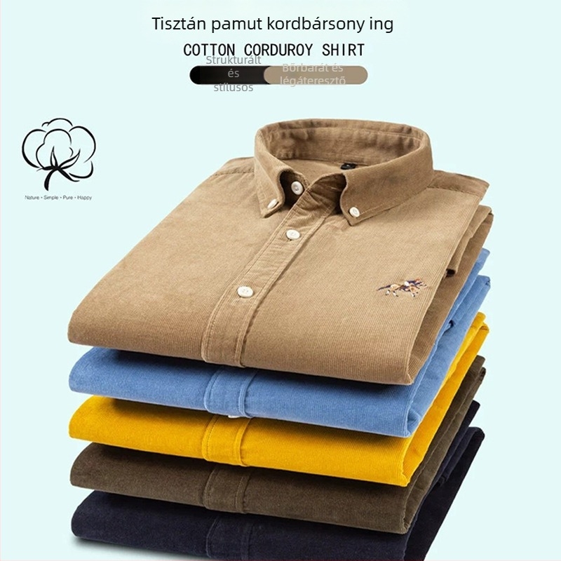 Corduroy munkaruha-stílusú férfiing, 100% pamut, mindennapi viselet, vintage egyszínű gallérral