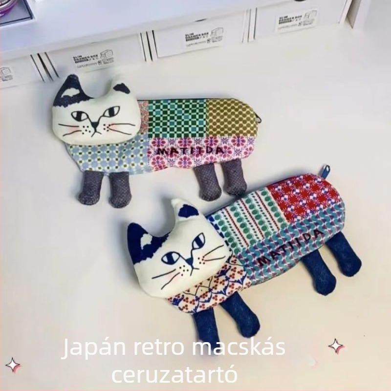 Retro stílusú macska tolltartó, egyedi iskolai kellék 3D hímzett macskával