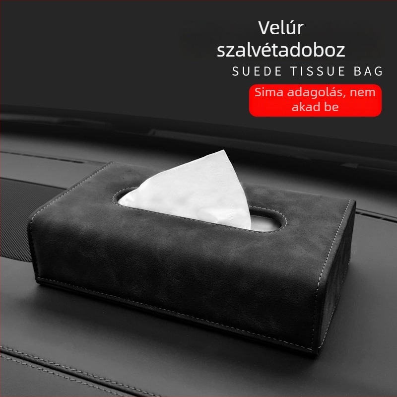 Velúr bőr autós zsebkendőtartó – nem zárja el a kilátást, kettős használat: autóba és ülésre szerelhető