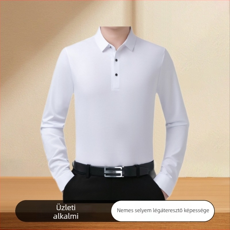 Férfi hosszú ujjú polo ing, lapos gallérral, vasalásmentes, Mulberry selyem, lélegző, elegáns üzleti viselet tavasz–őszre.