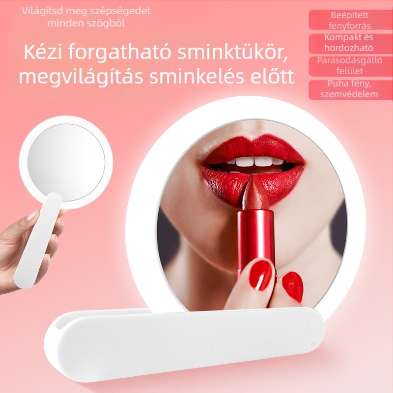 LED-es világítású kézi sminktükör, lágy fény, USB töltés, hordozható összecsukható utazótükör