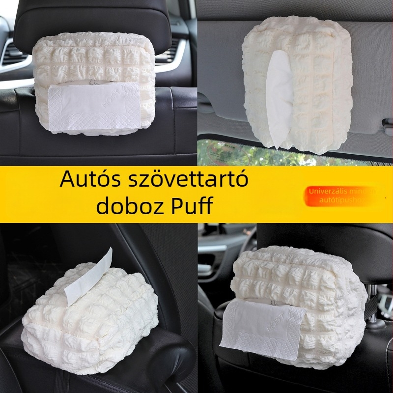 Autóba való zsebkendő-doboz puffos anyagból, akasztós kartámaszhoz, multifunkcionális tároló