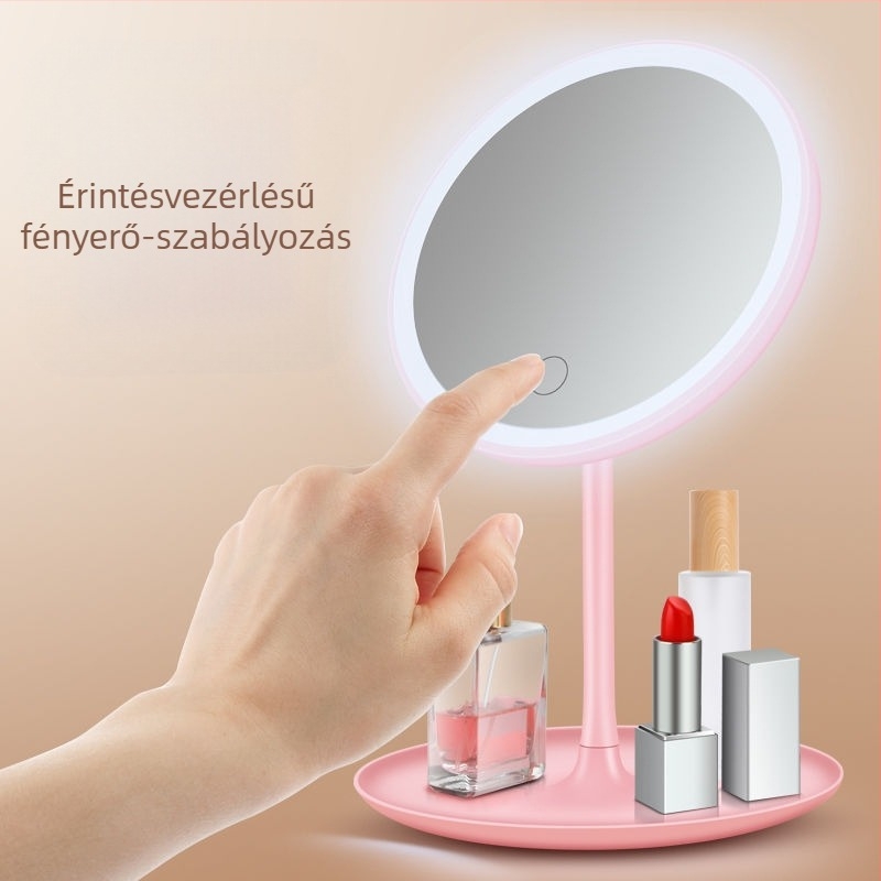 LED sminktükör beépített asztali lámpával és fénykiegészítő fénnyel, intelligens asztali tükör tárolóval