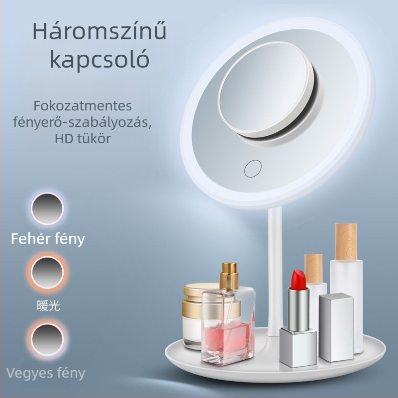 LED sminktükör beépített asztali lámpával és fénykiegészítő fénnyel, intelligens asztali tükör tárolóval