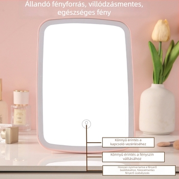 LED-es sminkpeili asztali tartóval, hordozható szépség tükör háromszínű LED világítással