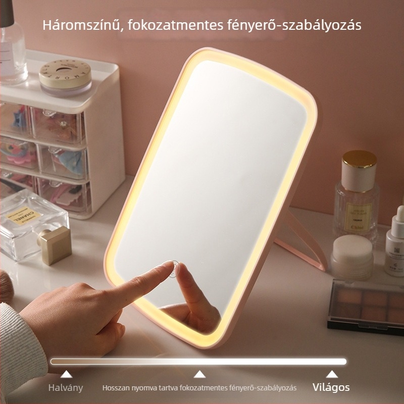 LED-es sminkpeili asztali tartóval, hordozható szépség tükör háromszínű LED világítással